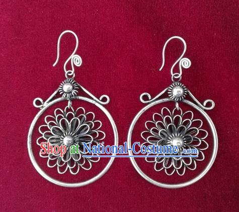 Chinese Handmade Miao Sliver Flower Earrings Hmong Nationality Eardrop for Women