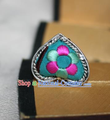 Chinese Miao Sliver Ornaments Green Rings Traditional Hmong Embroidered Finger Ring for Women