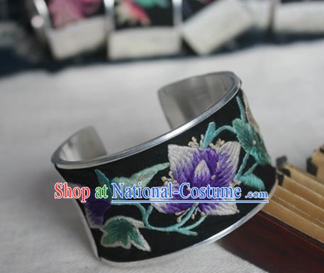 Chinese Miao Sliver Ornaments Black Bracelet Traditional Hmong Handmade Sliver Embroidered Bangle for Women