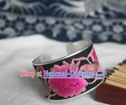 Chinese Miao Sliver Ornaments Bracelet Traditional Hmong Handmade Sliver Embroidered Peony Bangle for Women