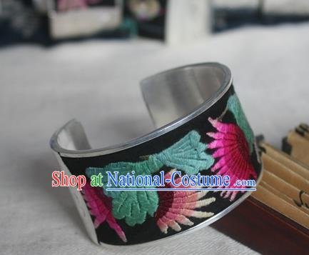 Chinese Miao Sliver Ornaments Bracelet Traditional Hmong Handmade Sliver Embroidered Black Bangle for Women