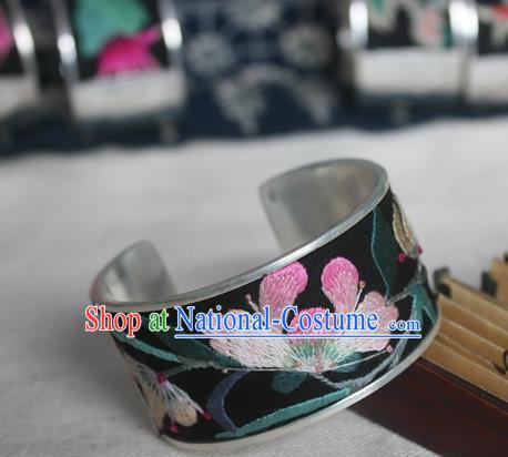 Chinese Miao Sliver Ornaments Bracelet Traditional Hmong Handmade Sliver Embroidered Orchid Bangle for Women