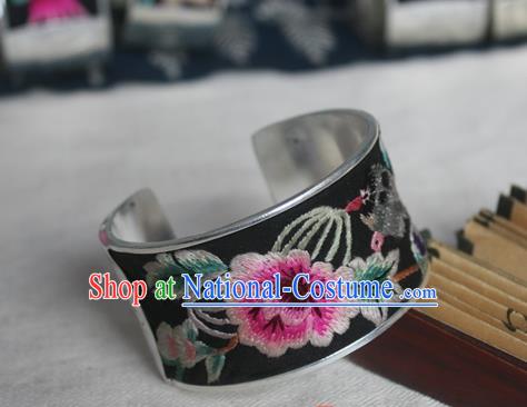 Chinese Miao Sliver Ornaments Bracelet Traditional Hmong Handmade Sliver Embroidered Pink Peony Bangle for Women