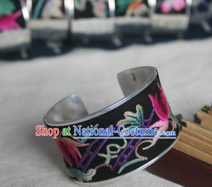 Chinese Miao Sliver Ornaments Embroidered Bracelet Traditional Hmong Handmade Sliver Bangle for Women