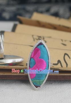 Chinese Traditional Miao Sliver Ornaments Willow Leaf Ring Traditional Hmong Embroidered Blue Rings for Women