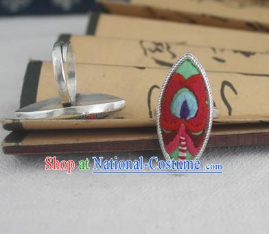 Chinese Traditional Miao Sliver Willow Leaf Ring Traditional Hmong Embroidered Rings for Women