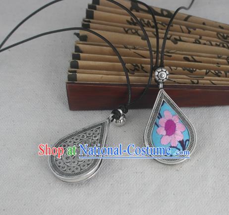 Chinese Traditional Miao Sliver Embroidered Flower Blue Necklace Traditional Hmong Necklet for Women