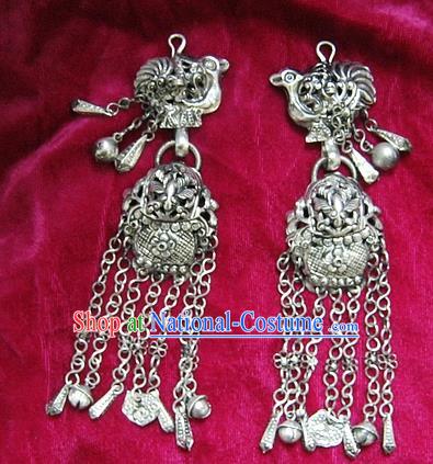 Chinese Handmade Miao Sliver Earrings Hmong Nationality Eardrop Pendant for Women