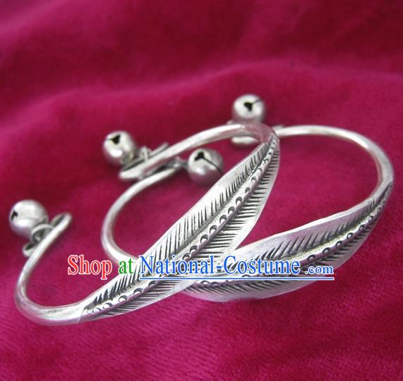 Chinese Miao Sliver Ornaments Leaf Bracelet Traditional Hmong Handmade Sliver Bangle for Women