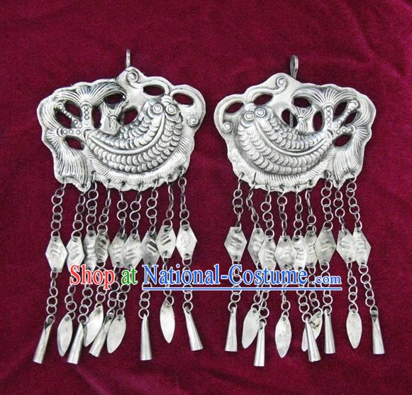 Chinese Miao Sliver Ornaments Carving Fish Earrings Traditional Hmong Tassel Eardrop for Women