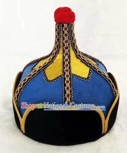 Chinese Traditional Mongol Stage Performance Blue Hats, Mongolian Folk Dance Headwear for Men