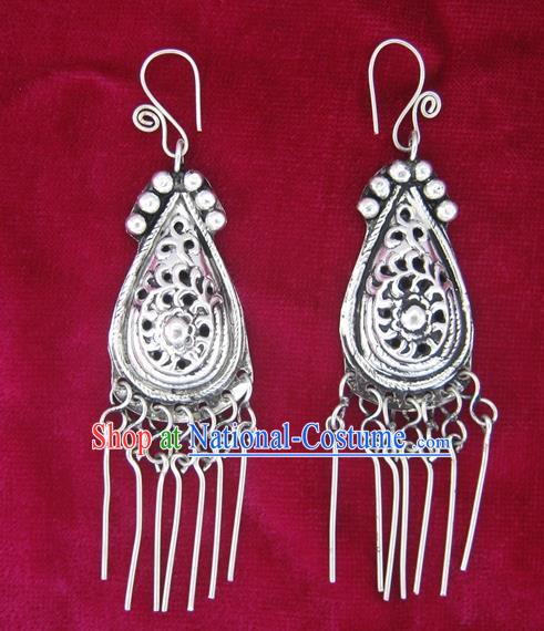 Chinese Miao Sliver Tassel Earrings Ornaments Traditional Hmong Sliver Eardrop for Women