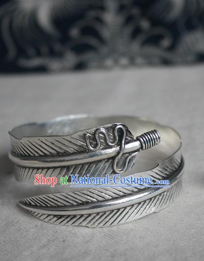 Chinese Miao Sliver Ornaments Feather Bracelet Traditional Hmong Handmade Sliver Bangle for Women