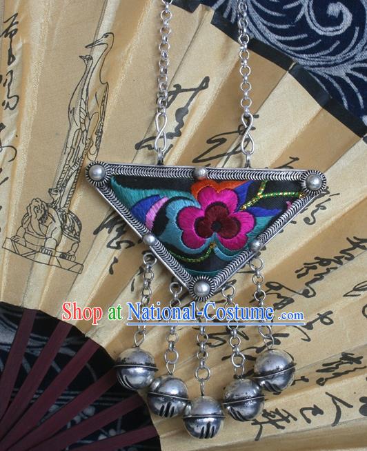 Chinese Miao Sliver Bells Tassel Sweater Chain Ornaments Traditional Hmong Embroidered Necklace for Women