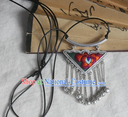 Chinese Miao Sliver Bells Tassel Sweater Chain Ornaments Traditional Hmong Embroidered Peony Necklace for Women