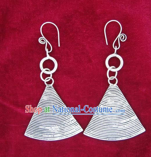 Chinese Miao Sliver Eardrop Ornaments Traditional Hmong Carving Sliver Earrings for Women