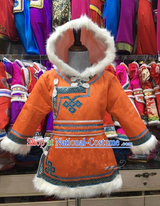 Chinese Traditional Girls Orange Mongolian Robe, China Mongolian Minority Folk Dance Ethnic Costume for Kids