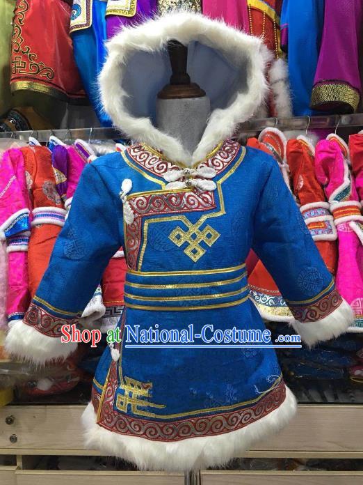 Chinese Traditional Girls Blue Mongolian Robe, China Mongolian Minority Folk Dance Ethnic Costume for Kids