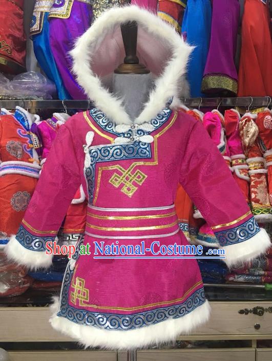 Chinese Traditional Girls Rosy Mongolian Robe, China Mongolian Minority Folk Dance Ethnic Costume for Kids