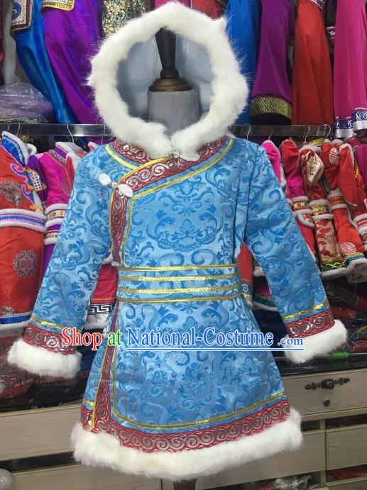 Chinese Traditional Mongol Nationality Girls Blue Mongolian Robe, China Mongolian Minority Folk Dance Ethnic Costume for Kids