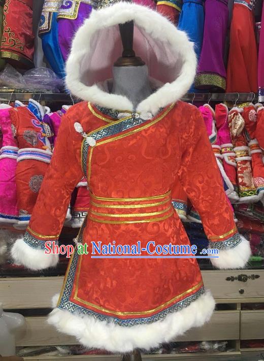 Chinese Traditional Mongol Nationality Girls Red Mongolian Robe, China Mongolian Minority Folk Dance Ethnic Costume for Kids