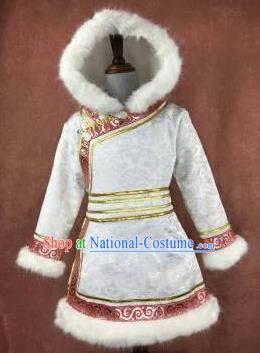 Chinese Traditional Mongol Nationality Girls White Mongolian Robe, China Mongolian Minority Folk Dance Ethnic Costume for Kids