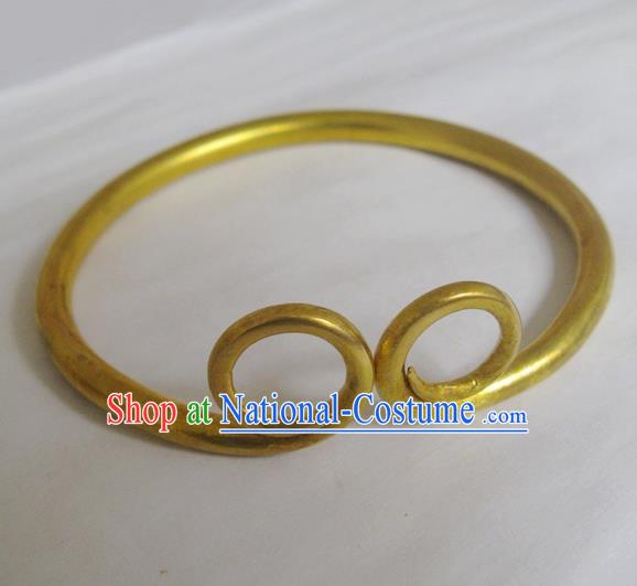 Handmade Chinese Miao Nationality Brass Bracelet Traditional Hmong Golden Hoop Bangle for Women