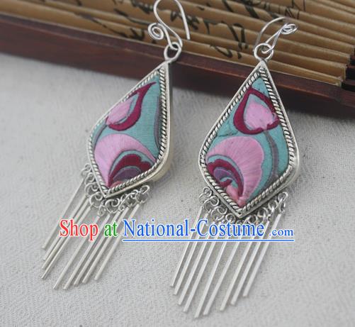 Traditional Chinese Miao Sliver Embroidered Earrings Ornaments Hmong Sliver Eardrop for Women