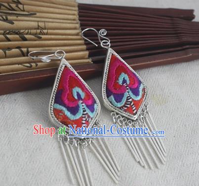 Traditional Chinese Miao Sliver Embroidered Rosy Flower Earrings Ornaments Hmong Sliver Eardrop for Women