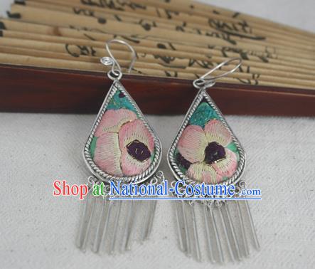 Traditional Chinese Miao Sliver Embroidered Pink Flower Earrings Ornaments Hmong Sliver Eardrop for Women