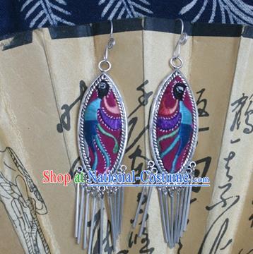 Traditional Chinese Miao Sliver Earrings Ornaments Hmong Sliver Embroidered Phoenix Eardrop for Women