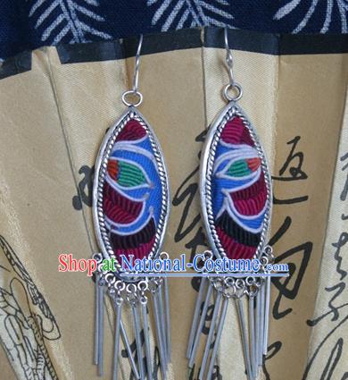 Traditional Chinese Miao Sliver Earrings Ornaments Hmong Embroidered Eardrop for Women