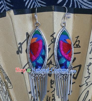 Traditional Chinese Miao Sliver Earrings Ornaments Hmong Embroidered Blue Eardrop for Women