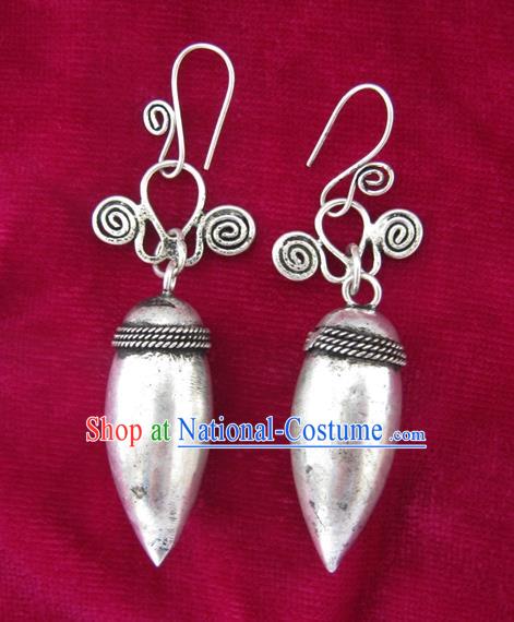 Chinese Miao Sliver Eardrop Ornaments Traditional Hmong Sliver Earrings for Women