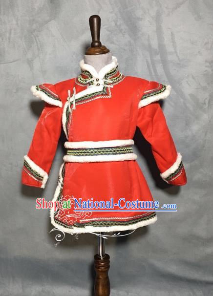 Chinese Traditional Mongol Nationality Boys Red Mongolian Robe, China Mongolian Minority Folk Dance Ethnic Costume for Kids