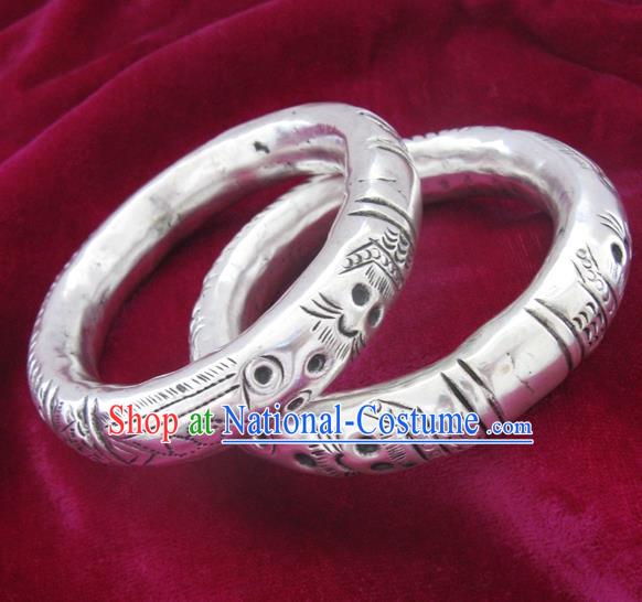 Handmade Chinese Miao Nationality Carving Dragon Bracelet Traditional Hmong Sliver Bangle for Women