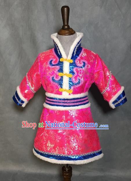 Chinese Traditional Mongol Nationality Pink Mongolian Robe, China Mongolian Minority Folk Dance Ethnic Costume for Kids