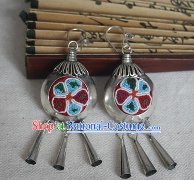 Traditional Chinese Miao Sliver Embroidered Earrings Hmong Ornaments Tassel Eardrop for Women