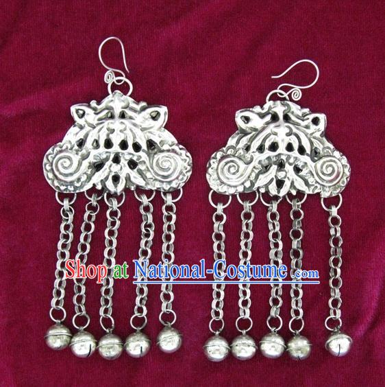 Traditional Chinese Miao Sliver Earrings Hmong Ornaments Bells Tassel Eardrop for Women