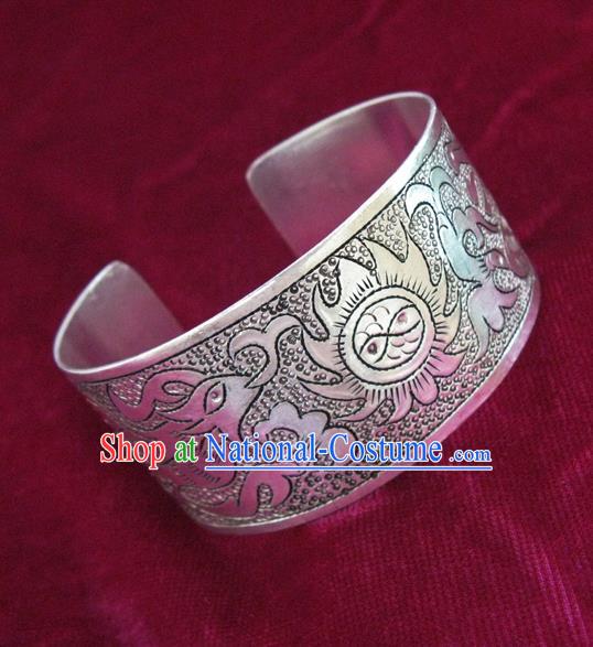 Handmade Chinese Miao Nationality Carving Phoenix Bracelet Traditional Hmong Sliver Bangle for Women