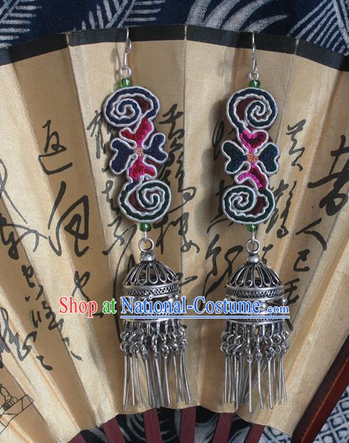 Traditional Chinese Miao Sliver Embroidered Tassel Earrings Hmong Ornaments Minority Headwear for Women