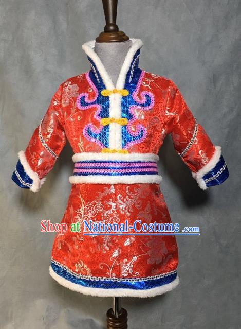 Chinese Traditional Mongol Nationality Red Mongolian Robe, China Mongolian Minority Folk Dance Ethnic Costume for Kids