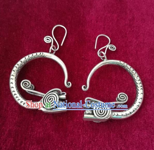 Chinese Miao Sliver Traditional Dragon Head Earrings Hmong Ornaments Minority Headwear for Women