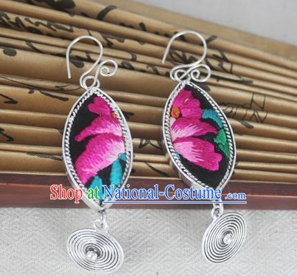 Chinese Miao Sliver Traditional Embroidered Lotus Earrings Hmong Ornaments Minority Headwear for Women