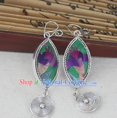 Chinese Miao Sliver Traditional Embroidered Green Earrings Hmong Ornaments Minority Headwear for Women