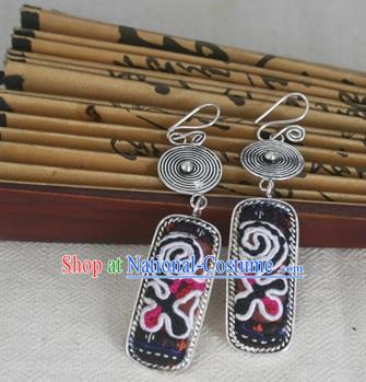 Chinese Miao Sliver Traditional Embroidered Earrings Hmong Ornaments Minority Headwear for Women