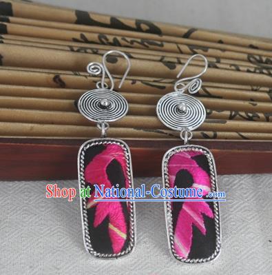 Chinese Miao Sliver Traditional Embroidered Black Earrings Hmong Ornaments Minority Headwear for Women