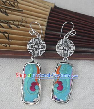 Chinese Miao Sliver Traditional Embroidered Green Earrings Hmong Ornaments Minority Headwear for Women