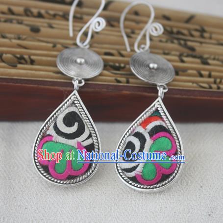 Chinese Miao Sliver Traditional Embroidered Lotus Black Earrings Hmong Ornaments Minority Headwear for Women