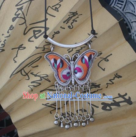 Chinese Miao Sliver Traditional Embroidered Orange Butterfly Necklace Hmong Ornaments Minority Headwear for Women